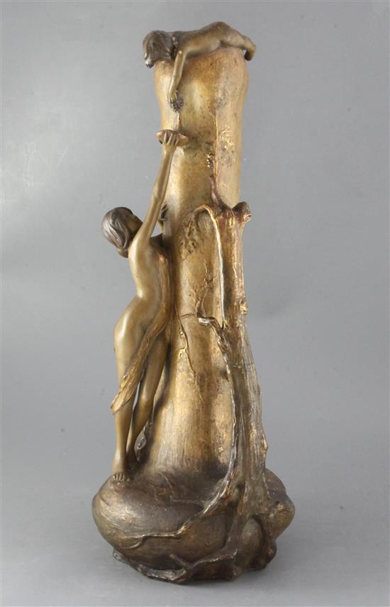 A large Goldscheider Art Nouveau cold-painted terracotta figural vase, c.1900, heigt 60.5cm, faults